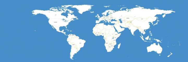 World political map featuring blue and white colors, with countries outlined and labeled, vector, borders