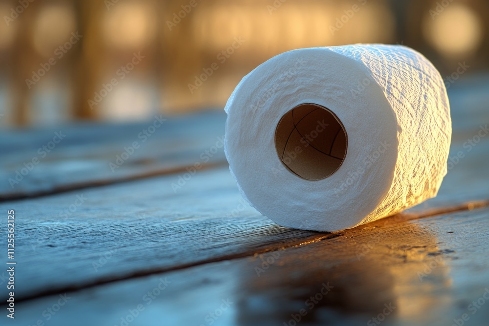 Aufkleber a single roll of toilet paper resting on a wooden table, ideal for use in illustrations and designs