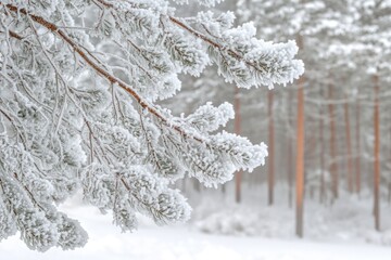 A solitary pine tree stands tall amidst a blanket of snow in a serene winter forest