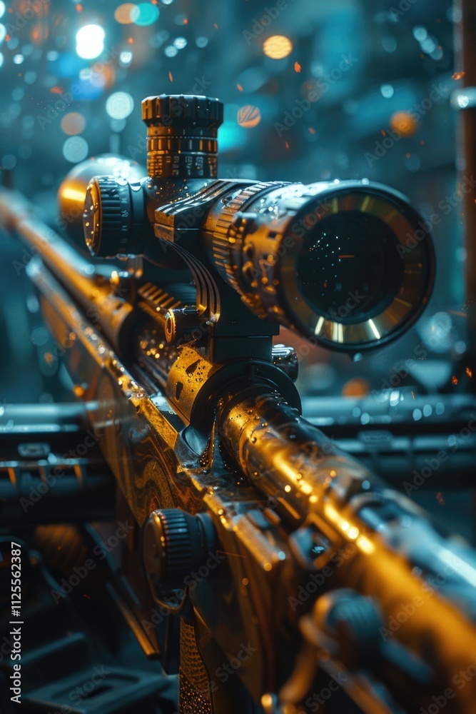 Poster A close-up view of a rifle on a table, with some details visible