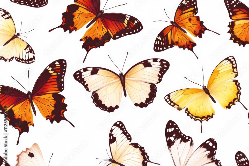 Poster a cluster of colorful butterflies resting on a white background