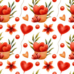 Cotton fabric watercolor seamless pattern featuring red hearts, flowers, balloons, and green leaves, symbolizing love and romance. Perfect for Valentine's Day cards, wrapping paper, and festive designs