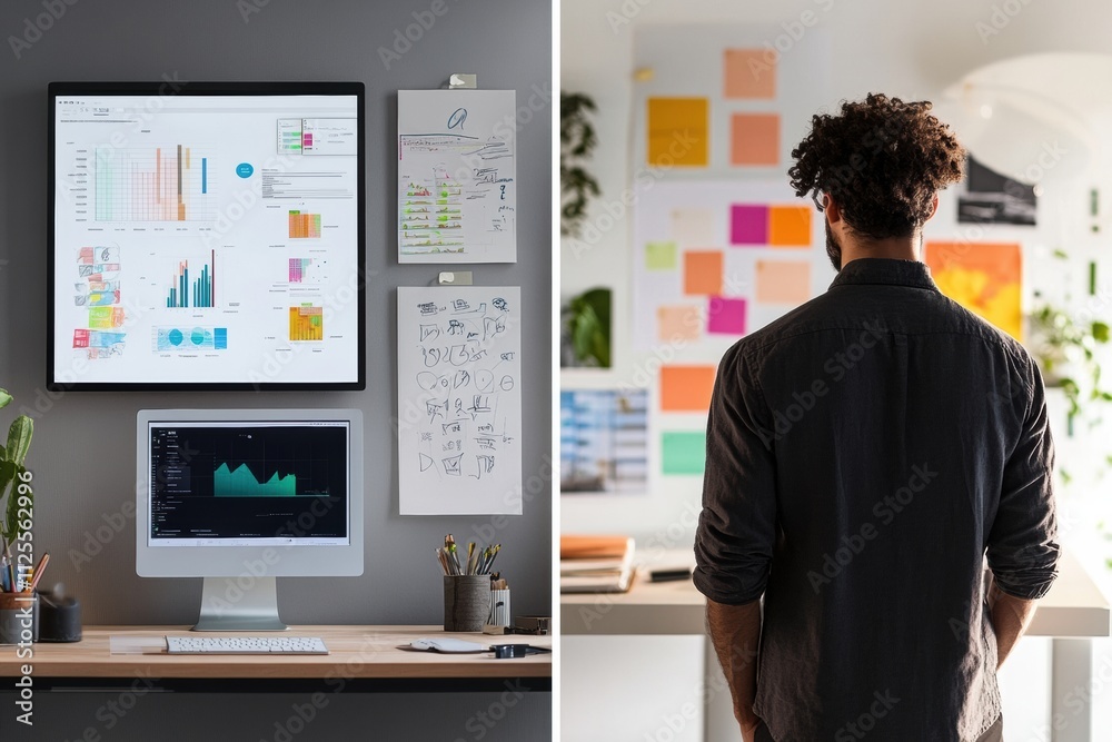 Poster two contrasting workspaces: a minimalist area with charts and a vibrant display of colorful notes, f