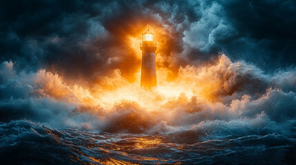 A dramatic lighthouse stands resilient on a rocky coastline, illuminated by stormy lighting. Thunderbolts strike the dark sky, symbolizing strength, hope, and guidance amidst turbulent challenges