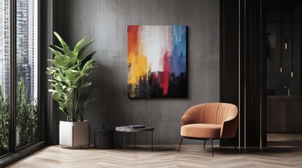 Fototapeta premium Abstract art hangs in modern interior with armchair.