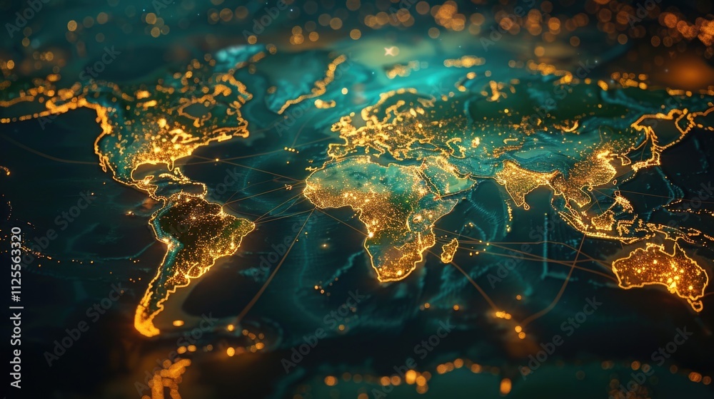 Poster a world map with glowing lights representing various destinations and landmarks