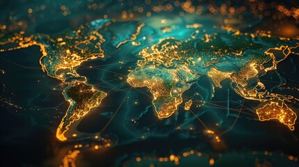 Fototapeta premium A world map with glowing lights representing various destinations and landmarks