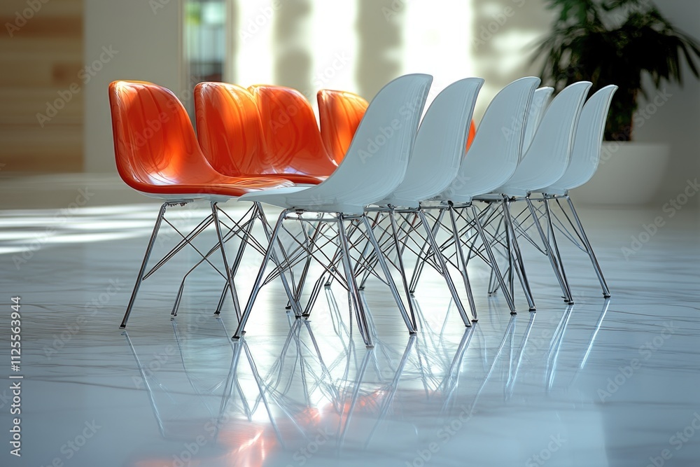 Poster A group of chairs placed neatly on a clean white surface, perfect for various settings and uses