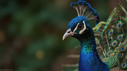 Obraz premium Close-up of a peacock's head and neck, showcasing vibrant blue plumage and intricate patterns.