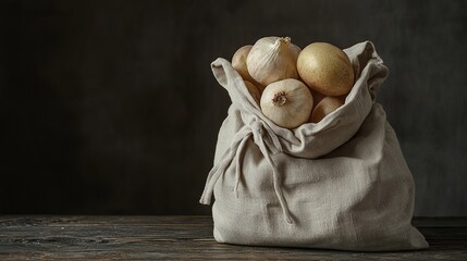Fresh onions and potatoes in a rustic linen bag on a wooden table