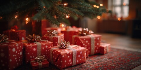 A festive scene with multiple red gifts wrapped in holiday cheer
