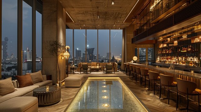 Luxurious rooftop bar with city view at night, featuring a long bar, comfortable seating, and a water feature.