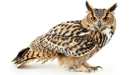 Fototapeta premium Beautiful eagle owl on white background, closeup. Predatory bird