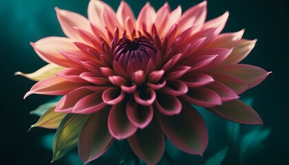 Fototapeta premium Un primer plano de una vibrante flor de dalia rosa y verde con pétalos suaves y difusos sobre un fondo borroso y verde azulado
