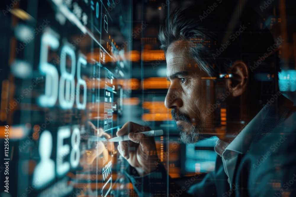 Poster a person examining digital information on a screen, possibly checking finances or tracking numbers