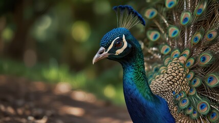 Obraz premium Vibrant peacock with colorful fanned feathers.