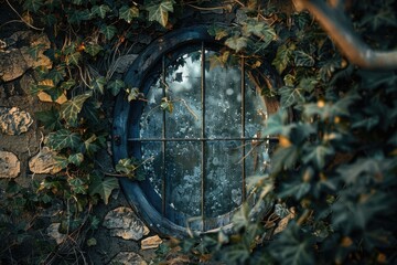 A natural, rustic window frame surrounded by lush green ivy growth on a ancient stone wall
