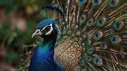 Obraz premium Majestic peacock displaying vibrant plumage.