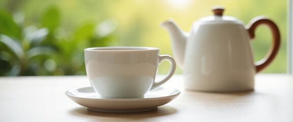 Elegant Tea Set with Serene Mood Inviting Relaxation Against Blurred Green Background with Copy Space