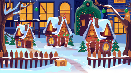 Obraz premium Winter landscape with cute fairy houses, christmas greeting card template, design illustration wallpaper 
