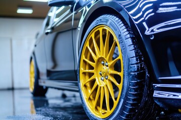 Close-up view of a yellow car rim on a black vehicle