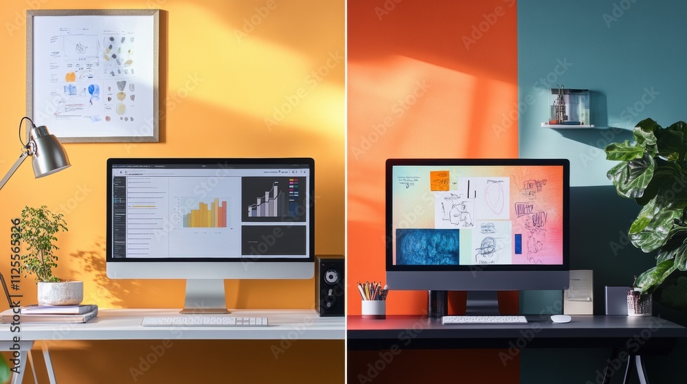 Leinwandbilder Split screens showcase a minimalist workspace with a computer and a plant, alongside an artistic setting featuring notes and colorful decor. Generative AI