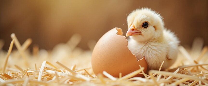 Adorable Baby Chick with Curious Expression Hatching from Egg on Golden Straw