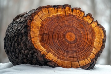 A detailed view of a tree trunk covered in snow, ideal for winter or nature-themed projects