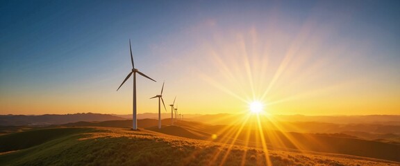 Obraz premium Wind Turbines Silhouetted Against Radiant Sunset Landscape with Copy Space