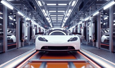 Obraz premium Car assembly line with industrial robots in an automotive factory. Concept of vehicle production, robotics, and advanced manufacturing.