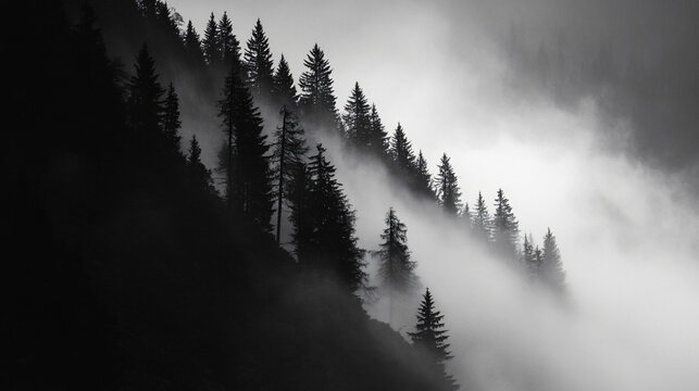 Spooky shadows flitting between the trees on foggy mountain slopes.