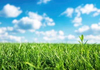 Fresh Green Grass Under a Clear Blue Sky with Puffy White Clouds in a Beautiful Nature Setting Displaying the Essence of Growth and Renewal in an Outdoor Landscape