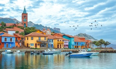 Obraz premium charming coastal village with colorful houses fishing boats and a scenic harbor seaside town