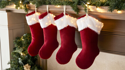 Festive christmas mantel with red stockings and garland decorations