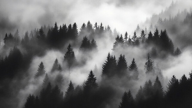 Spooky shadows flitting between the trees on foggy mountain slopes.