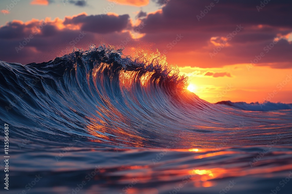 Poster A massive wave crashes into the ocean's surface as the sun sets in the background, creating a dramatic scene