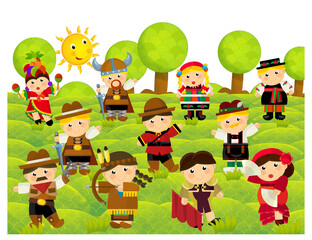 Obraz premium cartoon scene with character withl outfit costume representing his her nationality standing in park during summer illustration for children