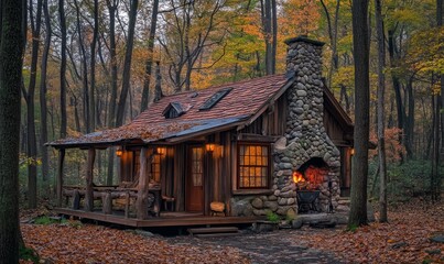 charming rustic cabin in the woods with a stone fireplace wooden exterior and cozy interior peaceful retreat