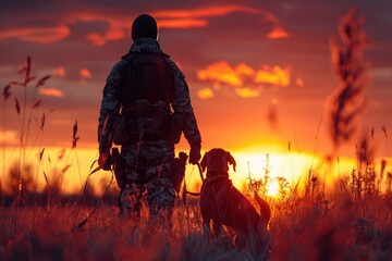 A man walks with his dog in a green field as the sun sets behind them