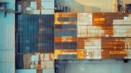 Aerial view of industrial building rooftops with solar panels and rusty metal.