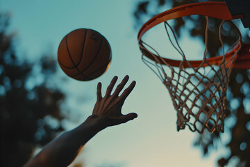 Fototapeta premium A hand reaches toward the basketball hoop as the sun sets, casting a warm glow on the game