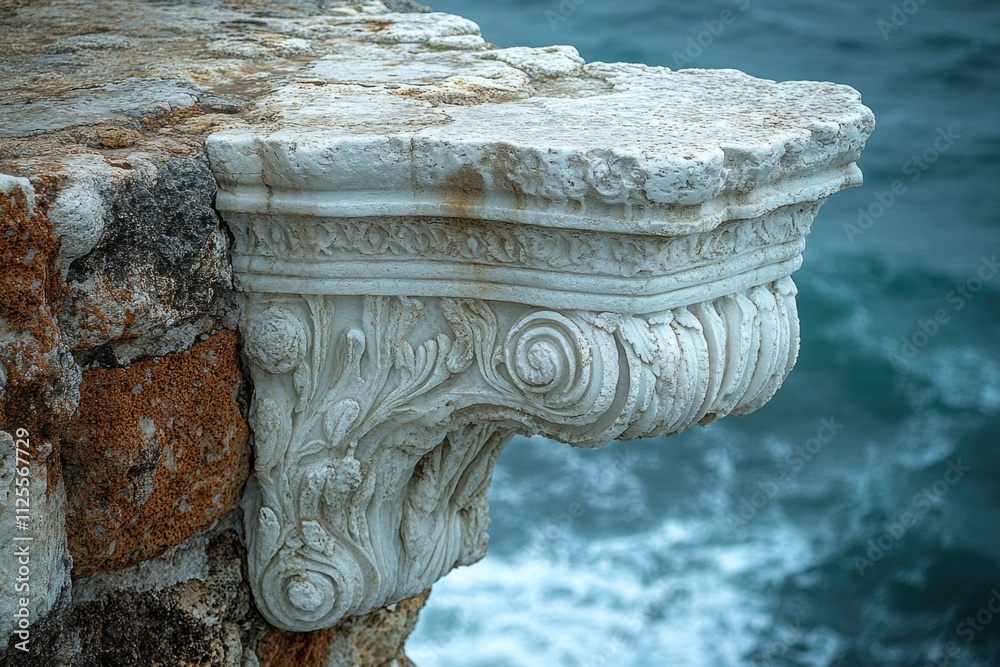 Poster close-up shot of a stone ledge near the ocean, ideal for use in coastal-themed designs or as a textu