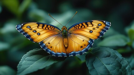 A small yellow butterfly rests on the tip of a fresh green leaf