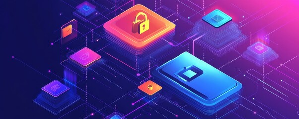 Cybersecurity icons floating above secure network, digital lock and shield icons symbolizing layered protection