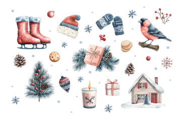 Set of watercolor winter illustrations on transparent background, bird, skates, Christmas tree branch, gifts, candles and decorations, house in red and blue colors. Clipart png for Christmas and New Y