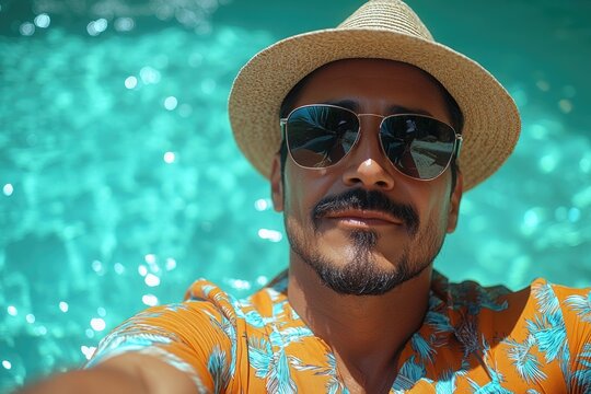 A person wearing a hat and sunglasses captures a moment on camera, great for social media or self-obsessed moments