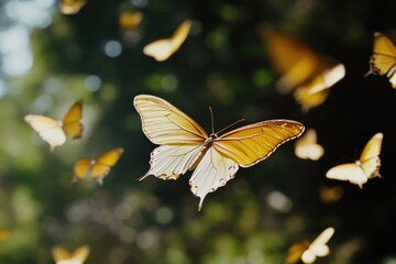 Fototapeta premium A group of bright yellow butterflies fluttering through the air, their delicate wings glistening in sunlight
