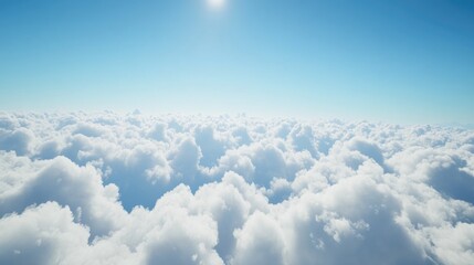 Fototapeta premium A bright sun shines above fluffy white clouds in a clear blue sky