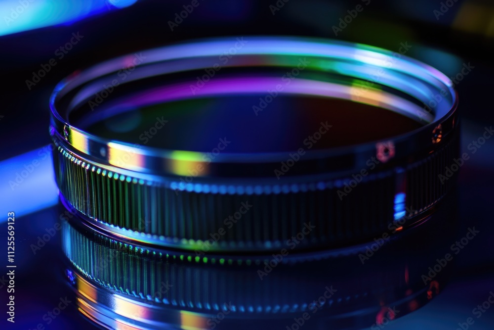 Poster A close-up shot of a camera lens on a table, suitable for use in photography or technology-related contexts
