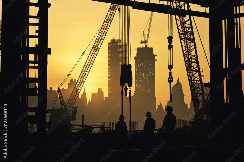 Poster a group of workers stand together near an under-construction building, tools and materials scattered